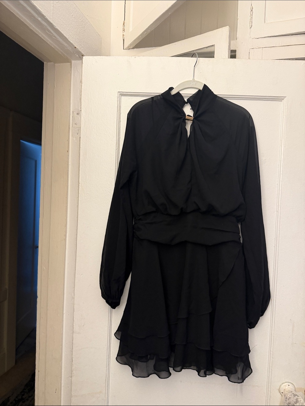 Commense Black Long-Sleeve Tiered Chiffon Dress
